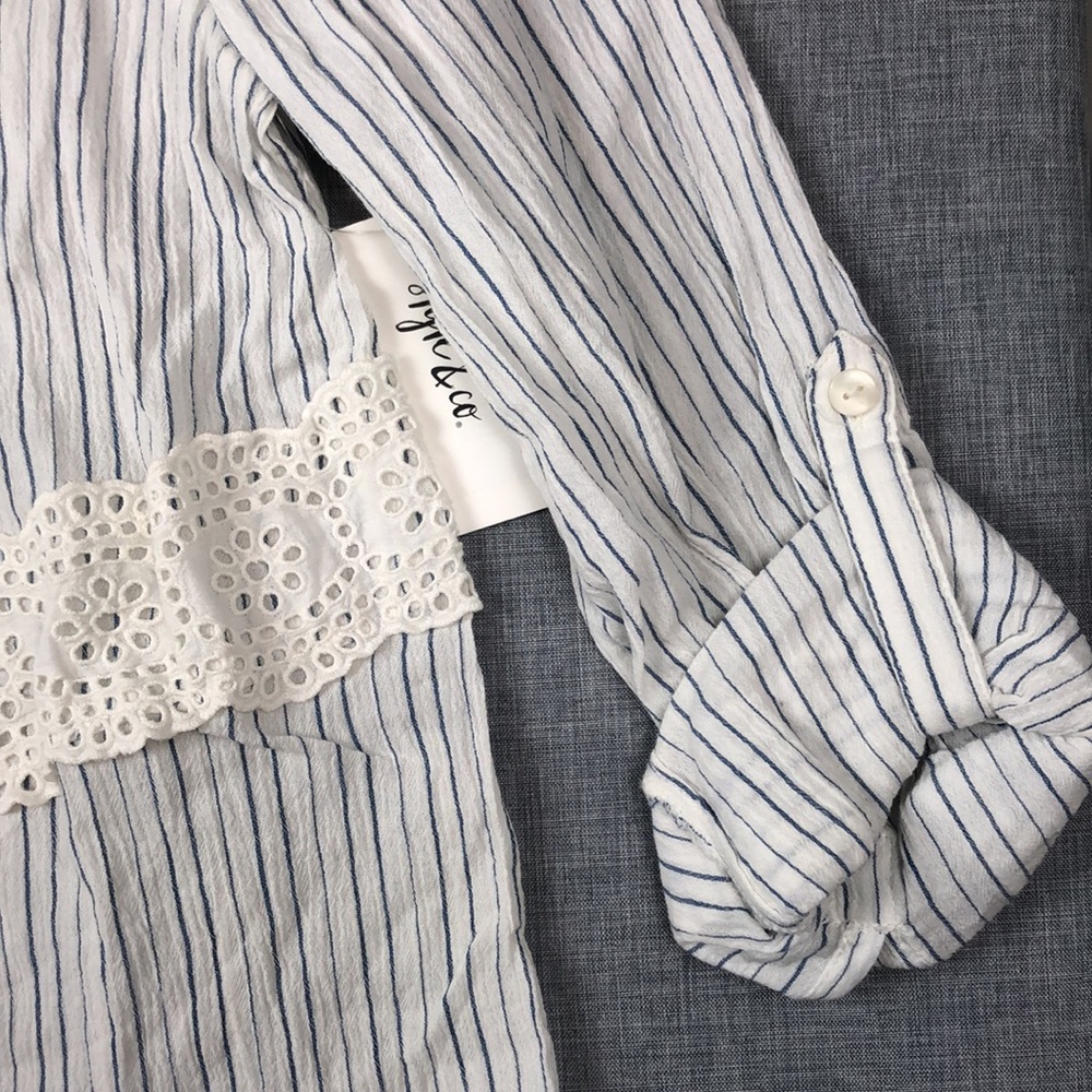 Style & Co Stripe Crochet Trim Button Down Top Size L XL PL PXL - Picture 4 of 7